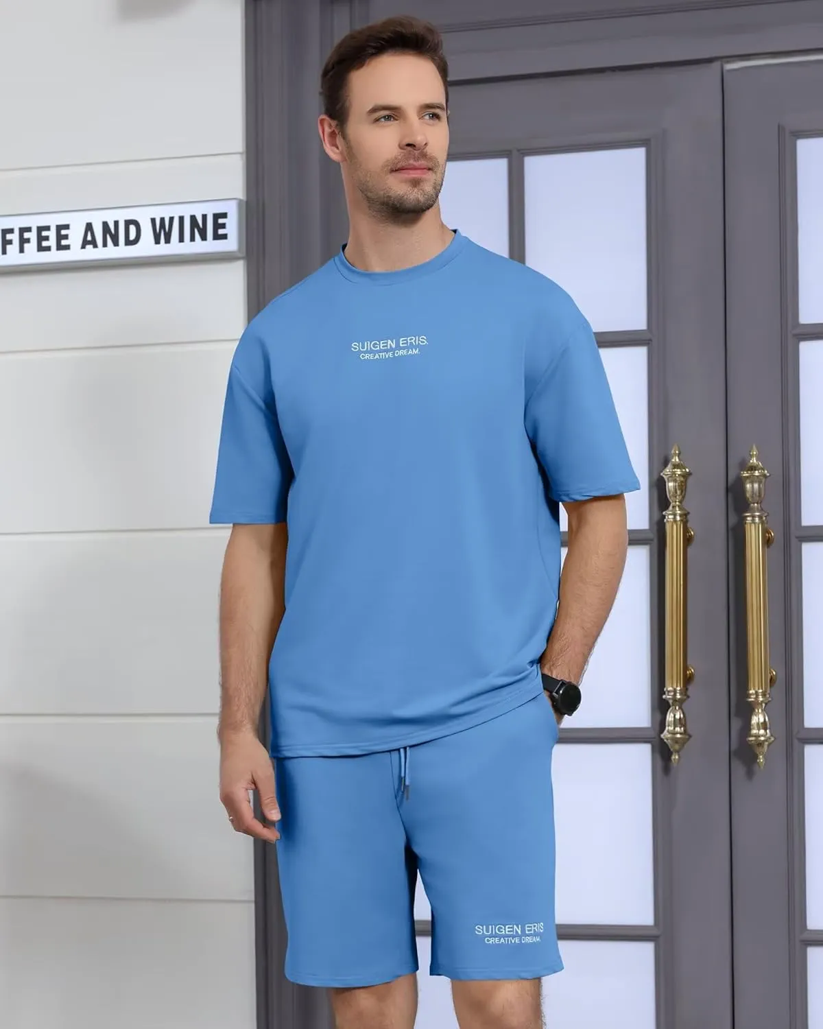 Men's 2 Piece Outfits Letter Drop Shoulder Oversize Tee Shirt Shorts Set Athletic Jogging Summer Tracksuit