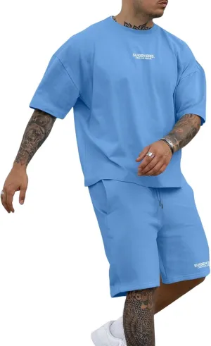Men's 2 Piece Outfits Letter Drop Shoulder Oversize Tee Shirt Shorts Set Athletic Jogging Summer Tracksuit