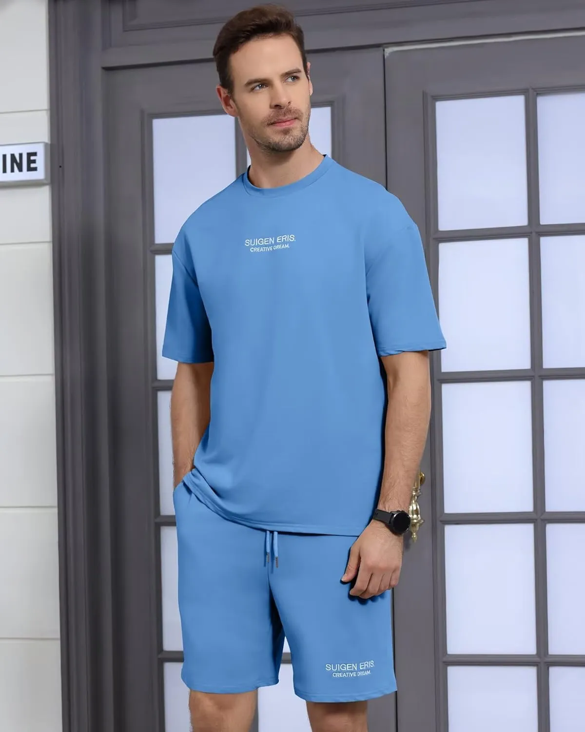Men's 2 Piece Outfits Letter Drop Shoulder Oversize Tee Shirt Shorts Set Athletic Jogging Summer Tracksuit