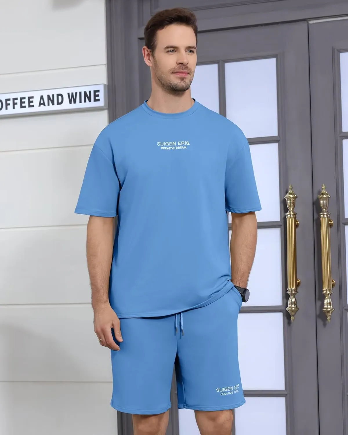 Men's 2 Piece Outfits Letter Drop Shoulder Oversize Tee Shirt Shorts Set Athletic Jogging Summer Tracksuit
