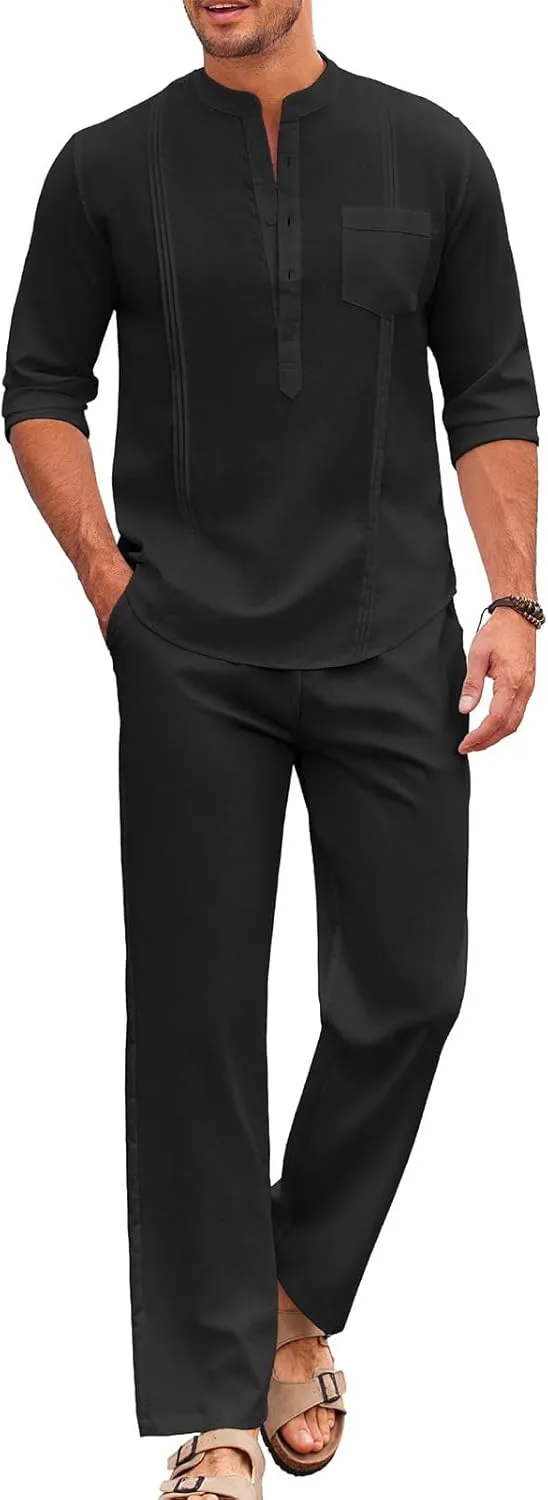 Men's 2 Piece Set Long Sleeve Casual Henley Shirts Loose Pants Set Lounge Vacation Outfits Summer Beach Set