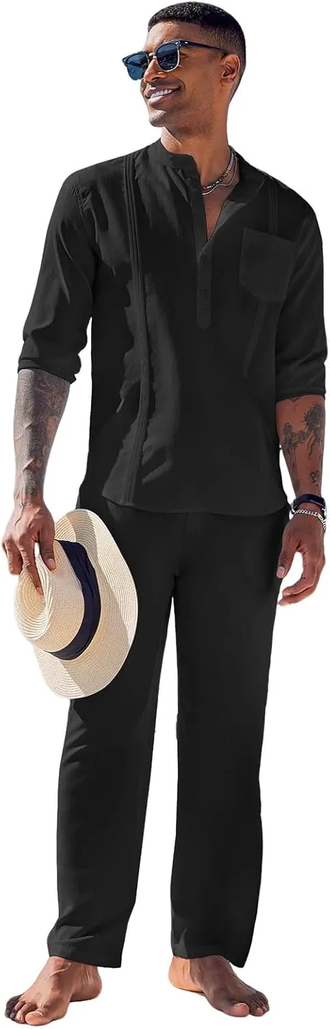 Men's 2 Piece Set Long Sleeve Casual Henley Shirts Loose Pants Set Lounge Vacation Outfits Summer Beach Set