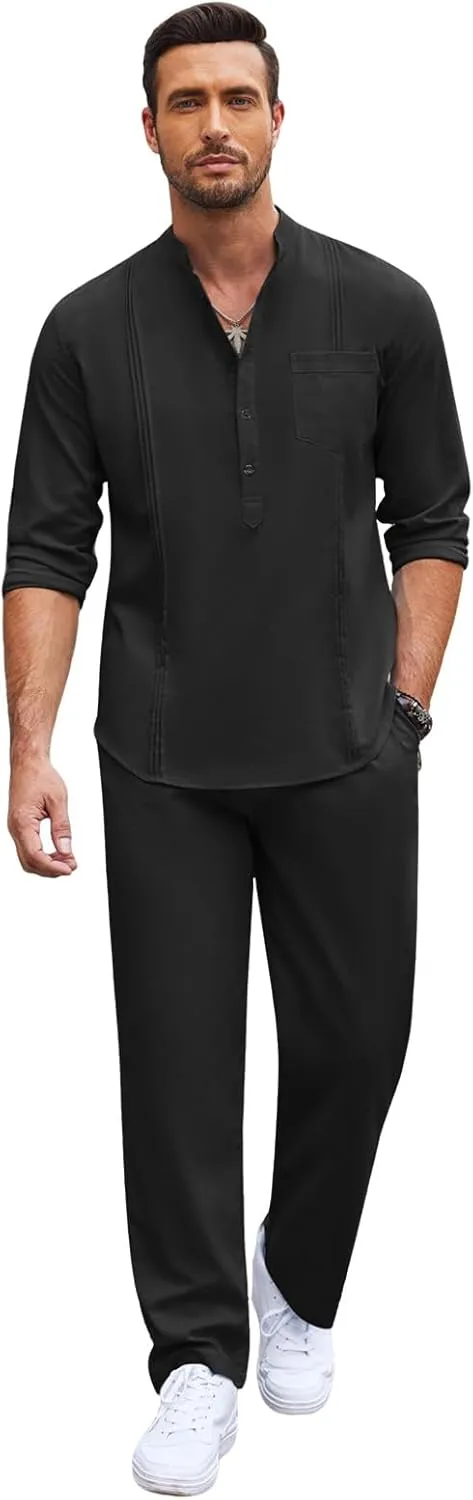 Men's 2 Piece Set Long Sleeve Casual Henley Shirts Loose Pants Set Lounge Vacation Outfits Summer Beach Set