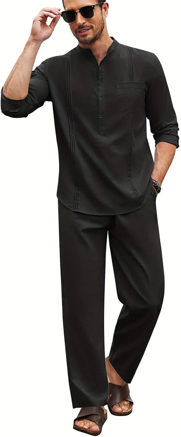 Men's 2 Piece Set Long Sleeve Casual Henley Shirts Loose Pants Set Lounge Vacation Outfits Summer Beach Set