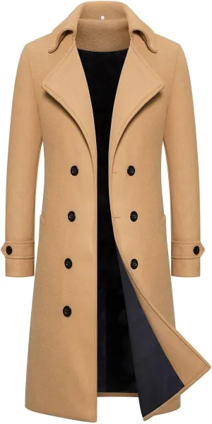 Men's Casual Slim Fit Long Jacket Trench Wool Blend Winter Overcoat with Pockets