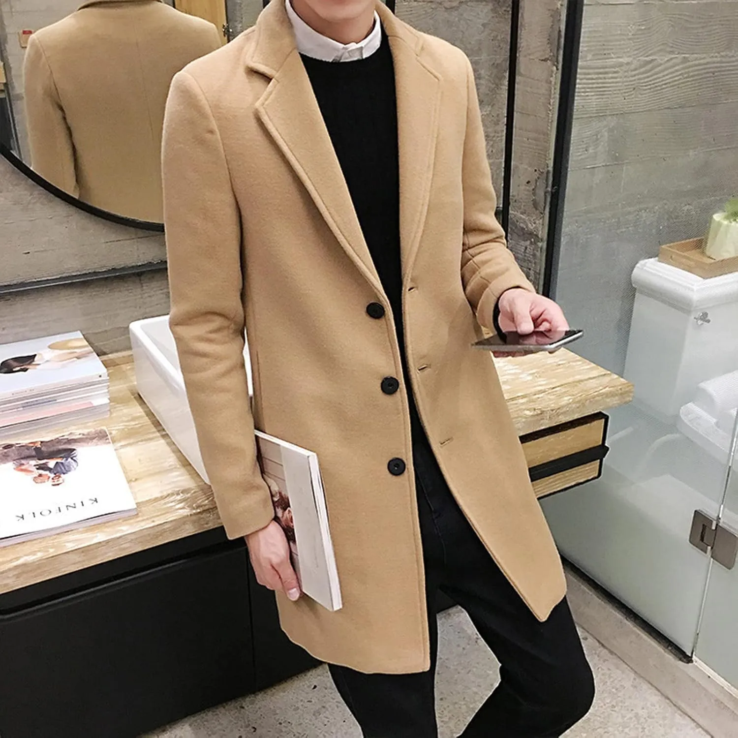 Men's Casual Trench Coat Slim Fit Spread Collar Long Sleeve Jacket Thicken Overcoat Plus Size Vintage Breasted Pea Coat