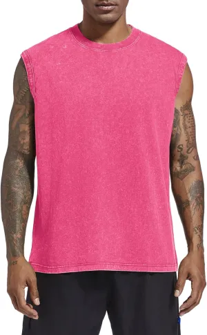 Mens Cotton Workout Gym Tank Top Sleeveless Cut Off Muscle Shirts Acid Wash Tshirts Running Beach Loose Fit Tees