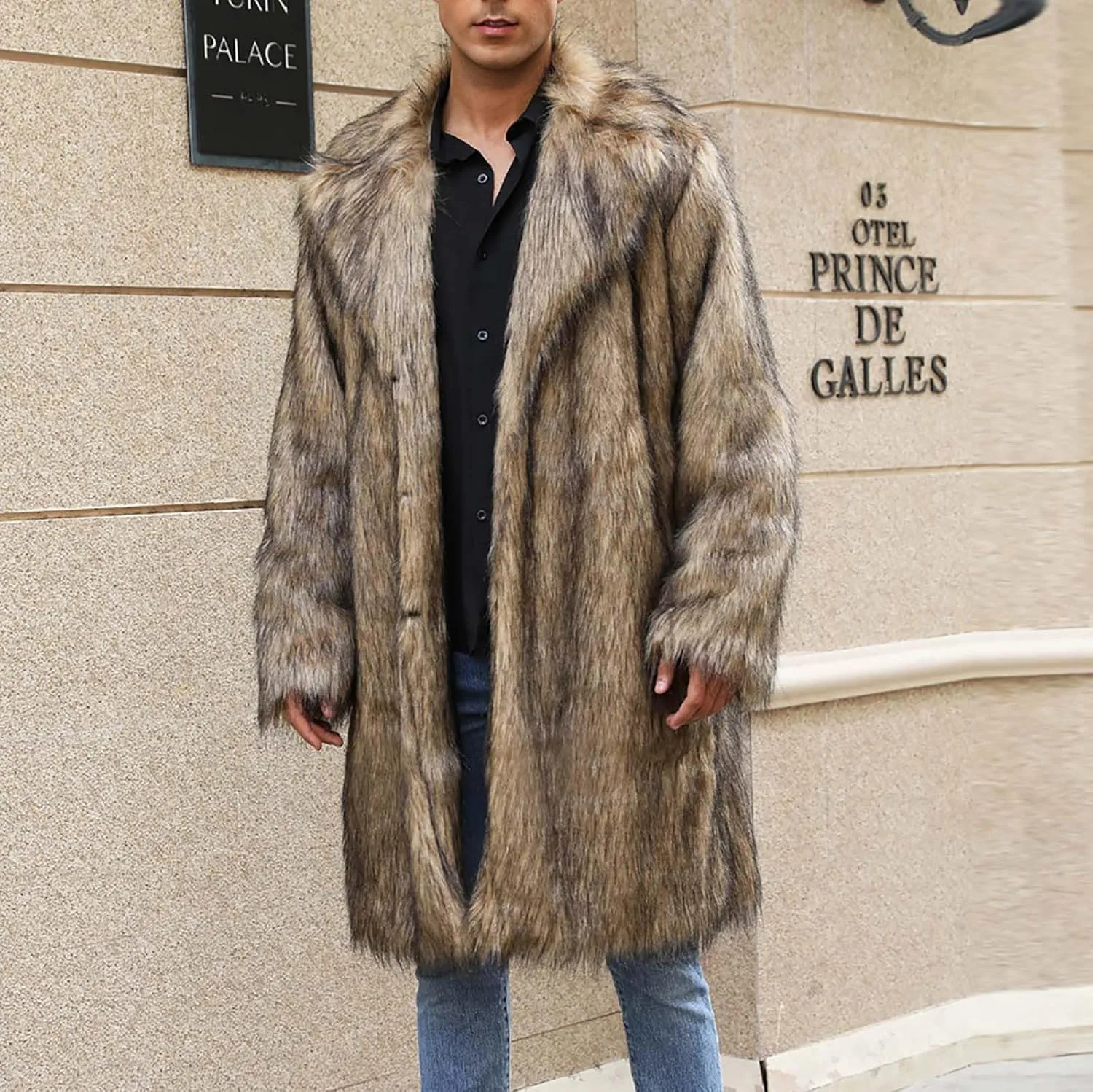 Men's Faux Fur Coat Long Open Front Cardigan Winter Fuzzy Fleece Jacket Warm Overcoat Turn Down Collar Coat
