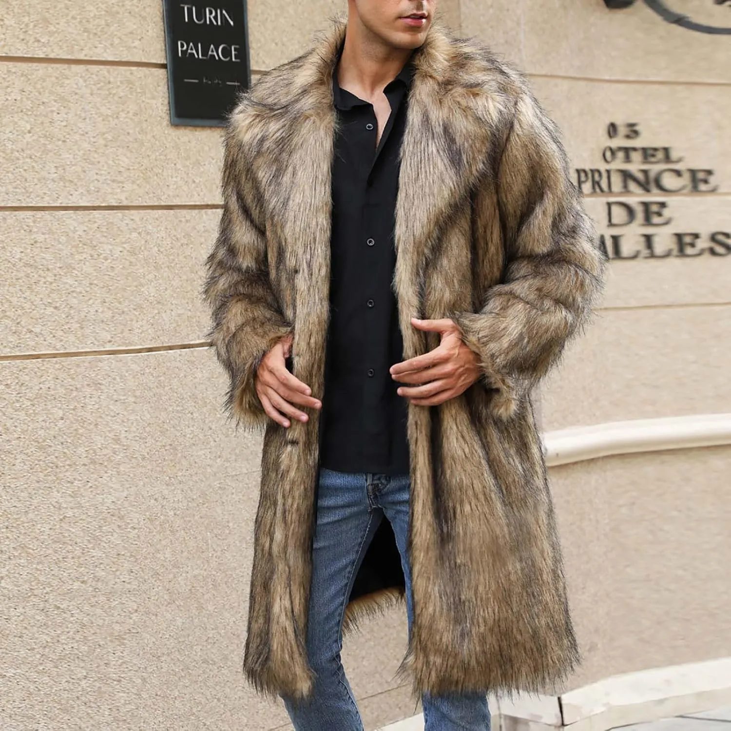 Men's Faux Fur Coat Long Open Front Cardigan Winter Fuzzy Fleece Jacket Warm Overcoat Turn Down Collar Coat