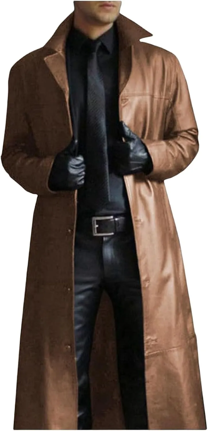 Mens Faux Leather Trench Coat WW2 Military Officer Uniform Overcoat Classic Retro Steampunk Jacket for Outdoor
