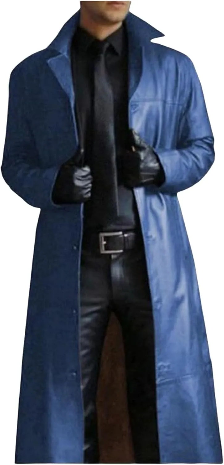 Mens Faux Leather Trench Coat WW2 Military Officer Uniform Overcoat Classic Retro Steampunk Jacket for Outdoor