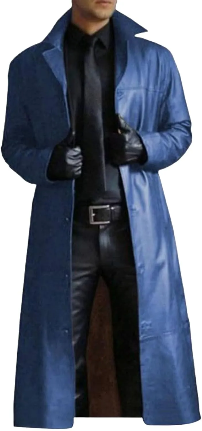 Mens Faux Leather Trench Coat WW2 Military Officer Uniform Overcoat Classic Retro Steampunk Jacket for Outdoor
