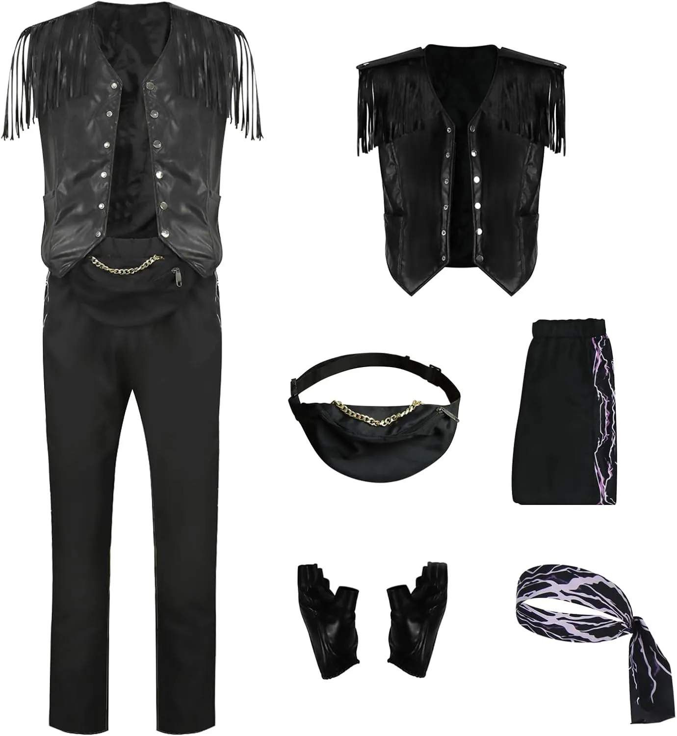 Men's Fringe Leather Vest Cowboy Costume Vest Sleeveless Jacket Bandana Gloves Set Adult Tassel Outwear