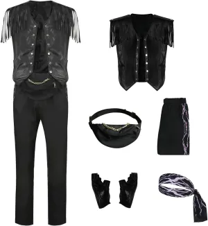 Men's Fringe Leather Vest Cowboy Costume Vest Sleeveless Jacket Bandana Gloves Set Adult Tassel Outwear