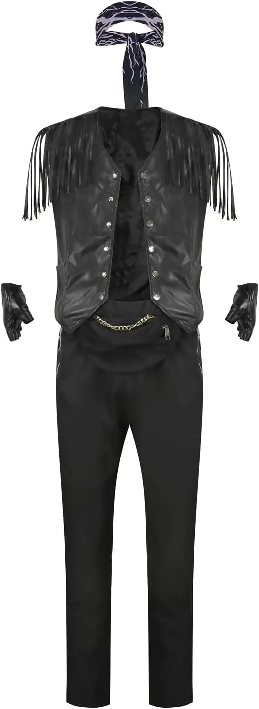 Men's Fringe Leather Vest Cowboy Costume Vest Sleeveless Jacket Bandana Gloves Set Adult Tassel Outwear