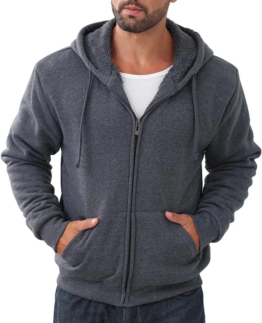 Men’s Full Zip Up Hoodies Sherpa Fleece Lined Hoodie Heavyweight Thick Flannel Jacket Heavy Duty Warm Winter Coat