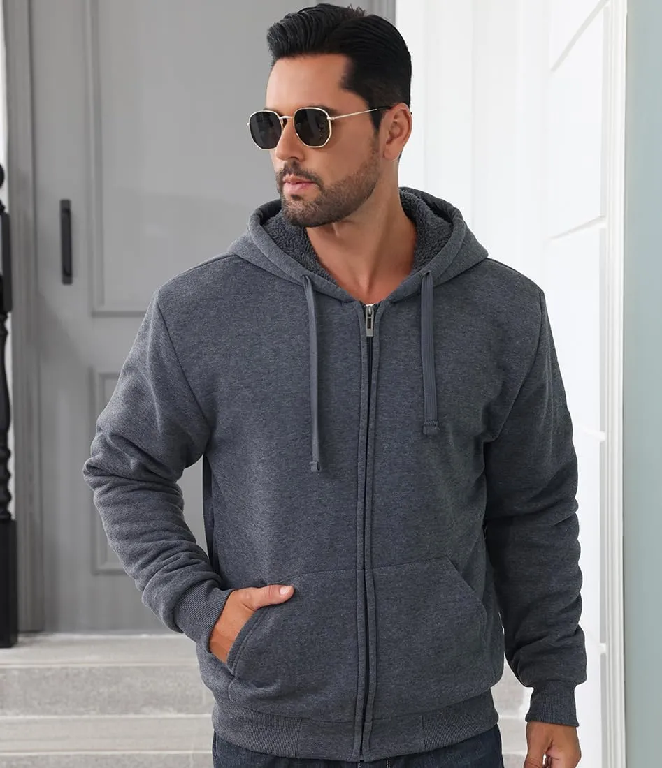 Men’s Full Zip Up Hoodies Sherpa Fleece Lined Hoodie Heavyweight Thick Flannel Jacket Heavy Duty Warm Winter Coat