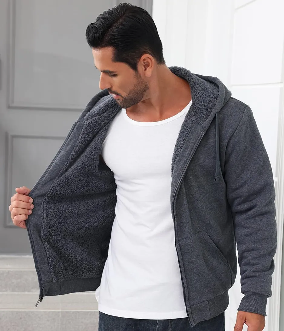 Men’s Full Zip Up Hoodies Sherpa Fleece Lined Hoodie Heavyweight Thick Flannel Jacket Heavy Duty Warm Winter Coat