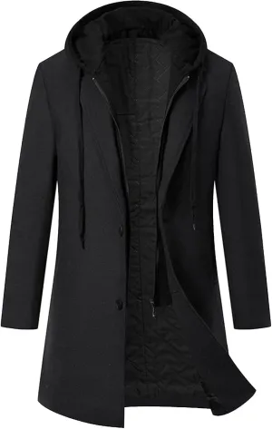 Men's Long Trench Coat Winter Peacoat Slim Fit Wool Trench Jacket Single Breasted Trench Coat with Hood