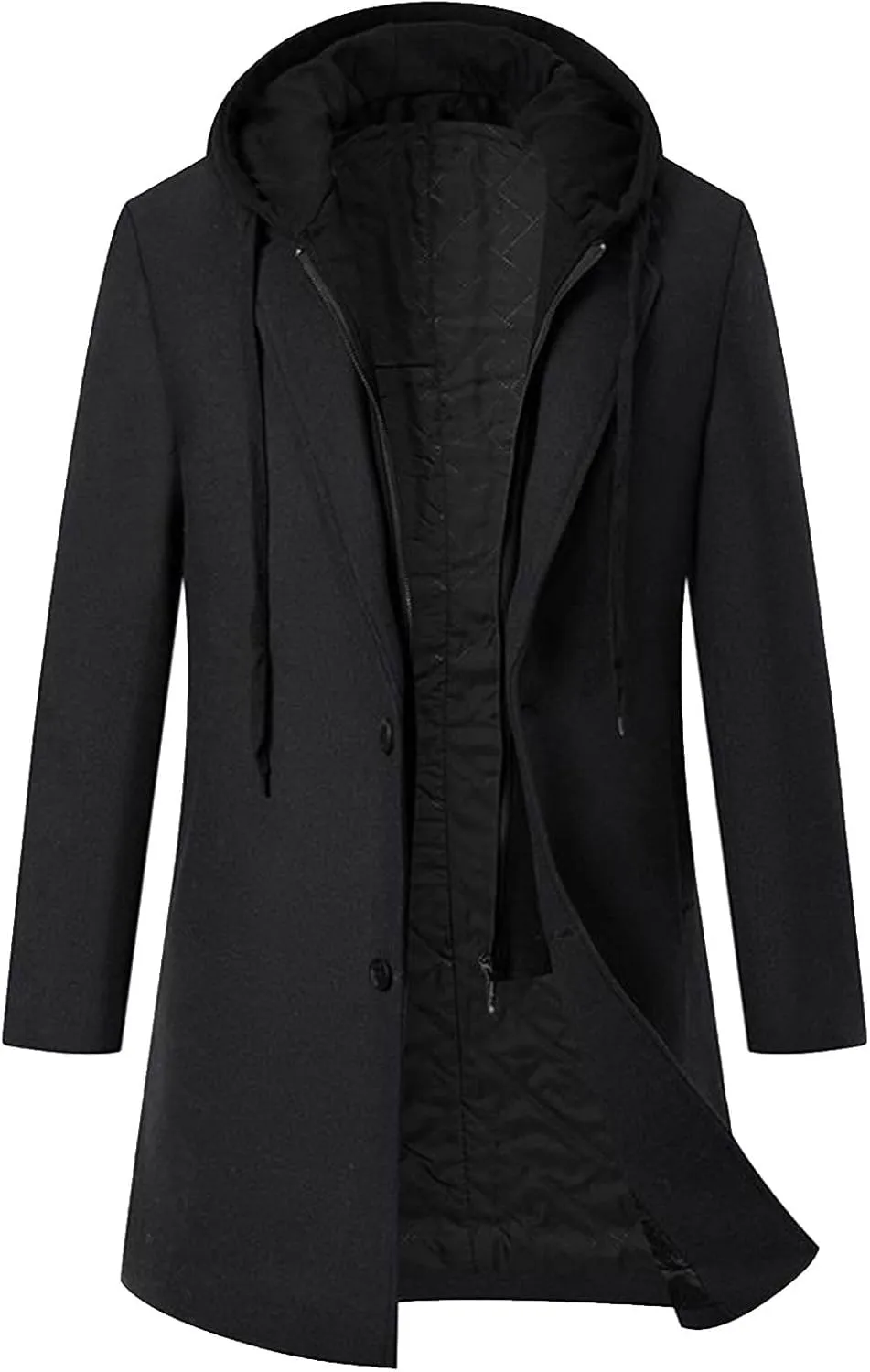 Men's Long Trench Coat Winter Peacoat Slim Fit Wool Trench Jacket Single Breasted Trench Coat with Hood