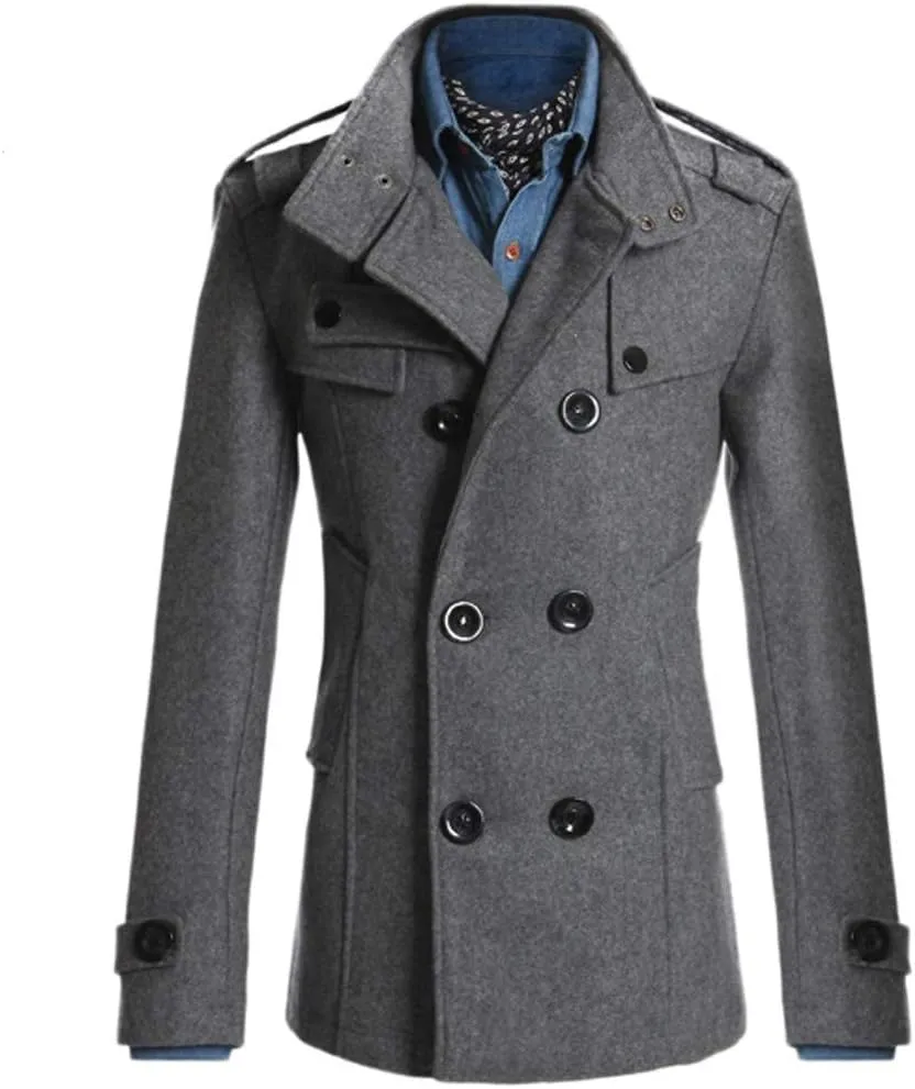 Men's Notch Lapel Double Breasted Long Trench Coat Casual Cotton Blend Peacoat Winter Long Jacket