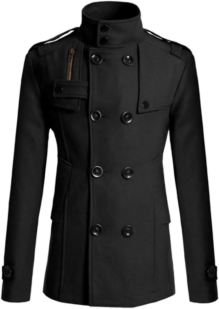 Men's Notch Lapel Double Breasted Long Trench Coat Casual Cotton Blend Peacoat Winter Long Jacket