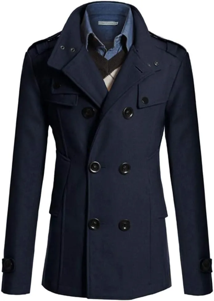 Men's Notch Lapel Double Breasted Long Trench Coat Casual Cotton Blend Peacoat Winter Long Jacket