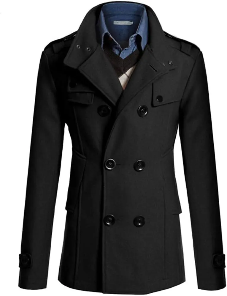 Men's Notch Lapel Double Breasted Long Trench Coat Casual Cotton Blend Peacoat Winter Long Jacket