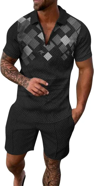 Mens Short Sets 2 Piece Outfits Polo Shirt Hawaiian Summer Tracksuits Casual Set Short Sleeve and Shorts Set for Men