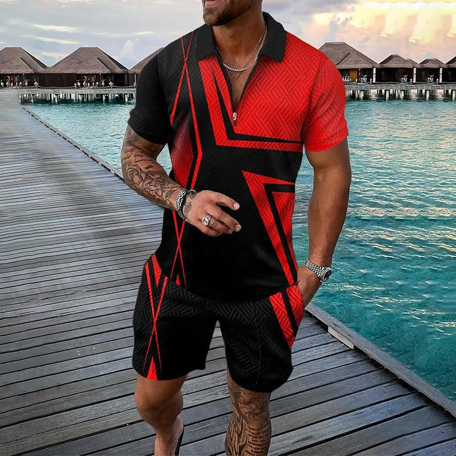 Mens Short Sets 2 Piece Outfits Polo Shirt Hawaiian Summer Tracksuits Casual Set Short Sleeve and Shorts Set for Men