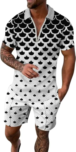 Mens Short Sets 2 Piece Outfits Polo Shirt Hawaiian Summer Tracksuits Casual Set Short Sleeve and Shorts Set for Men