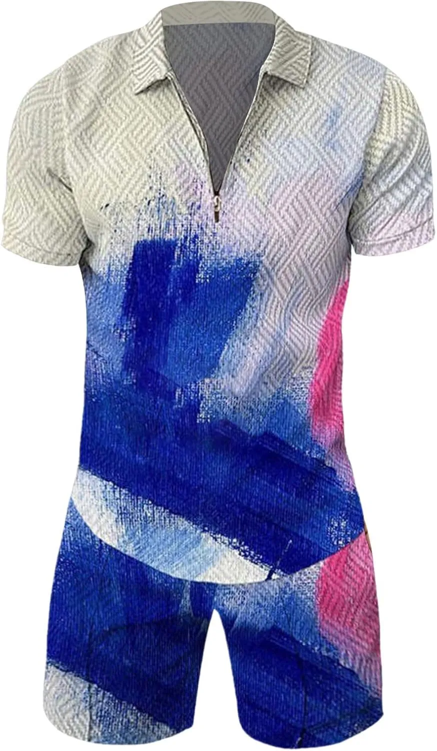 Mens Short Sets 2 Piece Outfits Polo Shirt Hawaiian Summer Tracksuits Casual Set Short Sleeve and Shorts Set for Men