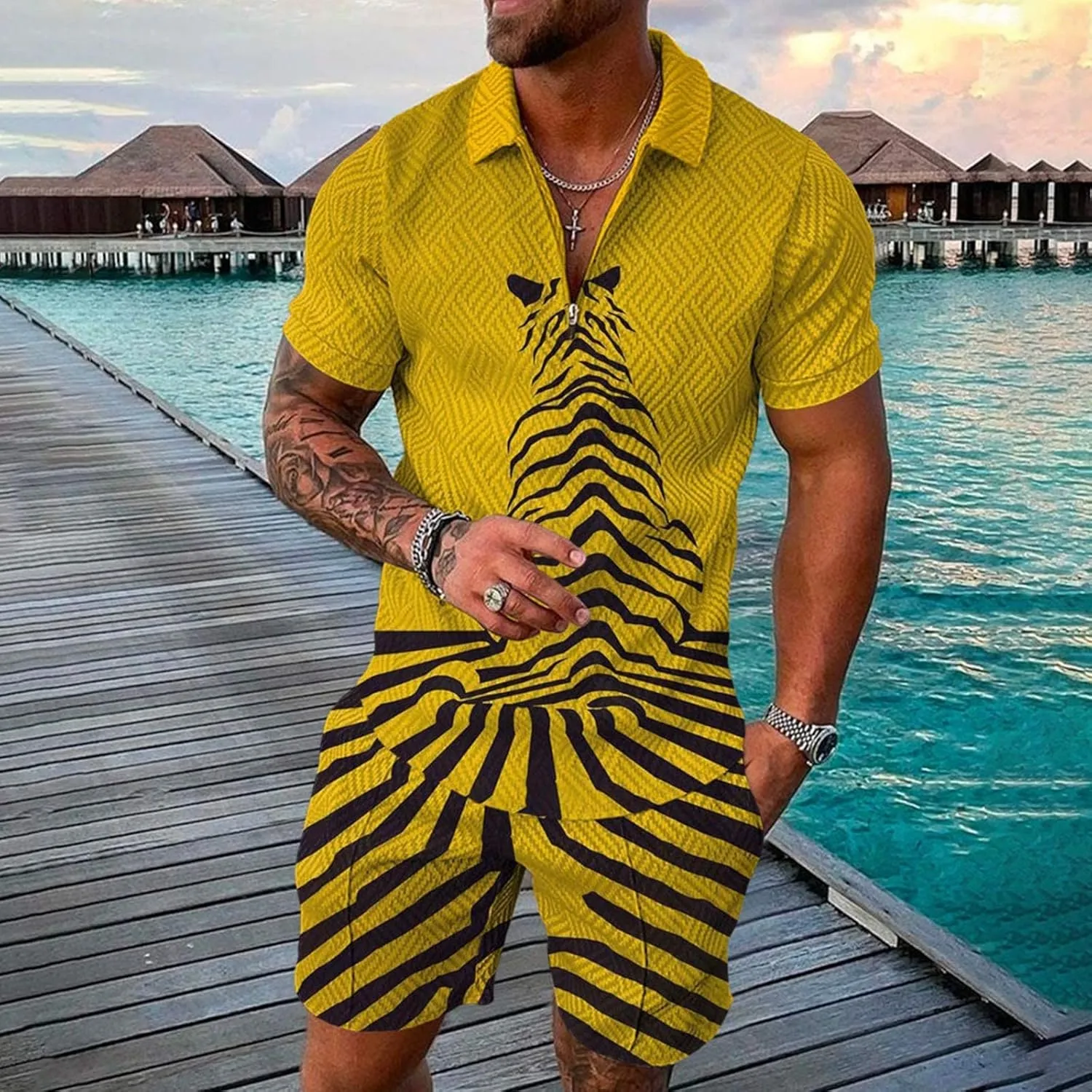 Mens Short Sets 2 Piece Outfits Polo Shirt Hawaiian Summer Tracksuits Casual Set Short Sleeve and Shorts Set for Men