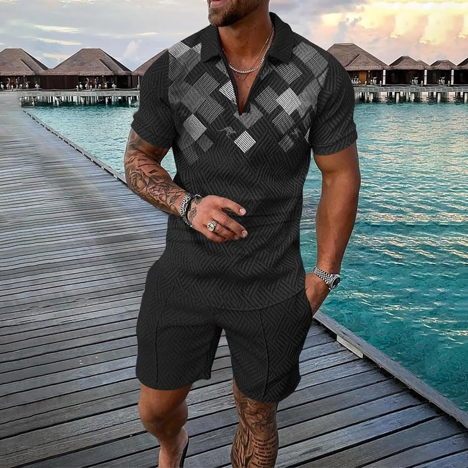 Mens Short Sets 2 Piece Outfits Polo Shirt Hawaiian Summer Tracksuits Casual Set Short Sleeve and Shorts Set for Men