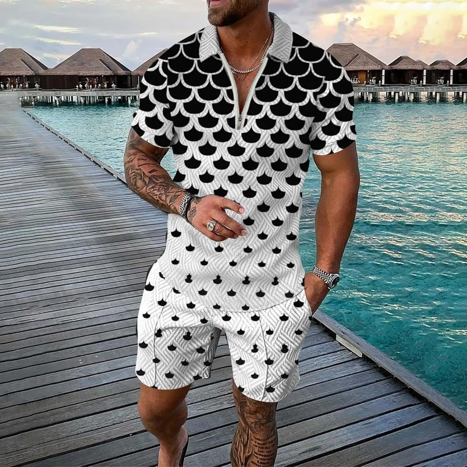 Mens Short Sets 2 Piece Outfits Polo Shirt Hawaiian Summer Tracksuits Casual Set Short Sleeve and Shorts Set for Men
