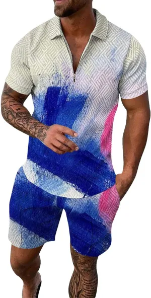 Mens Short Sets 2 Piece Outfits Polo Shirt Hawaiian Summer Tracksuits Casual Set Short Sleeve and Shorts Set for Men