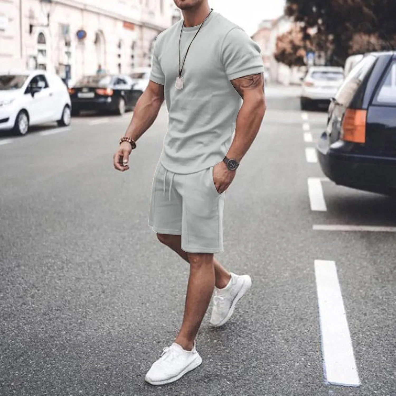 Mens Short Sets 2 Piece Outfits Summer Casual Muscle Gym Workout Athletic T Shirt Outfits for Men