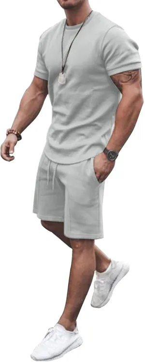 Mens Short Sets 2 Piece Outfits Summer Casual Muscle Gym Workout Athletic T Shirt Outfits for Men