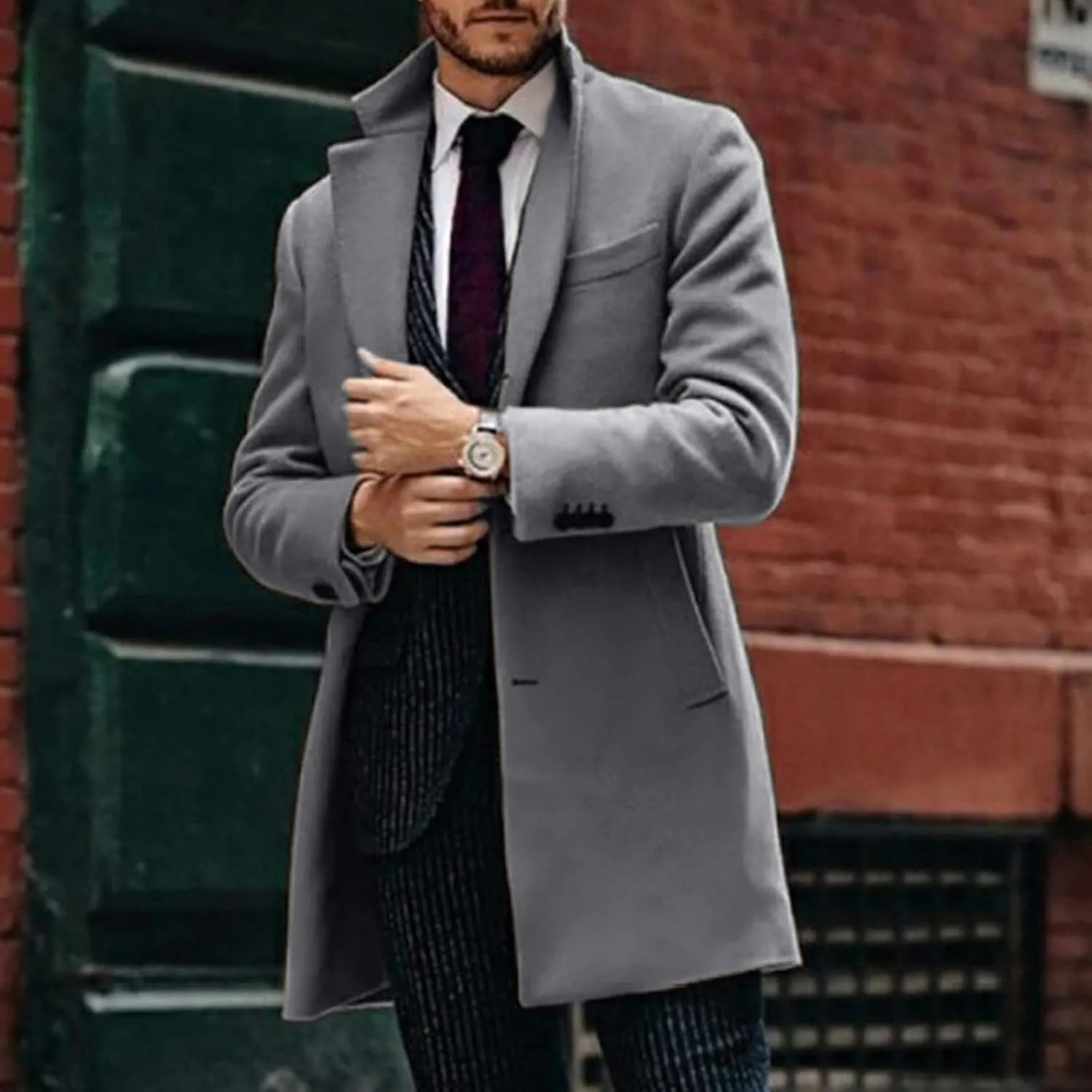 Mens Single Breasted Trench Coat Winter Pea Coat Notch Lapel Long Casual Overcoat Slim Fit Long Jacket Pea Coat