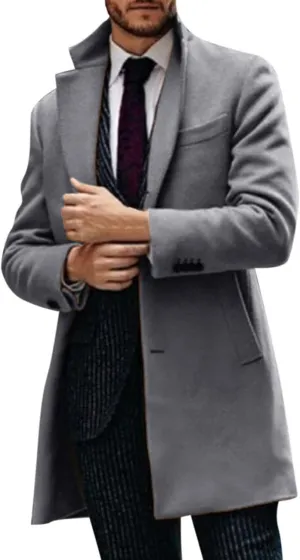 Mens Single Breasted Trench Coat Winter Pea Coat Notch Lapel Long Casual Overcoat Slim Fit Long Jacket Pea Coat