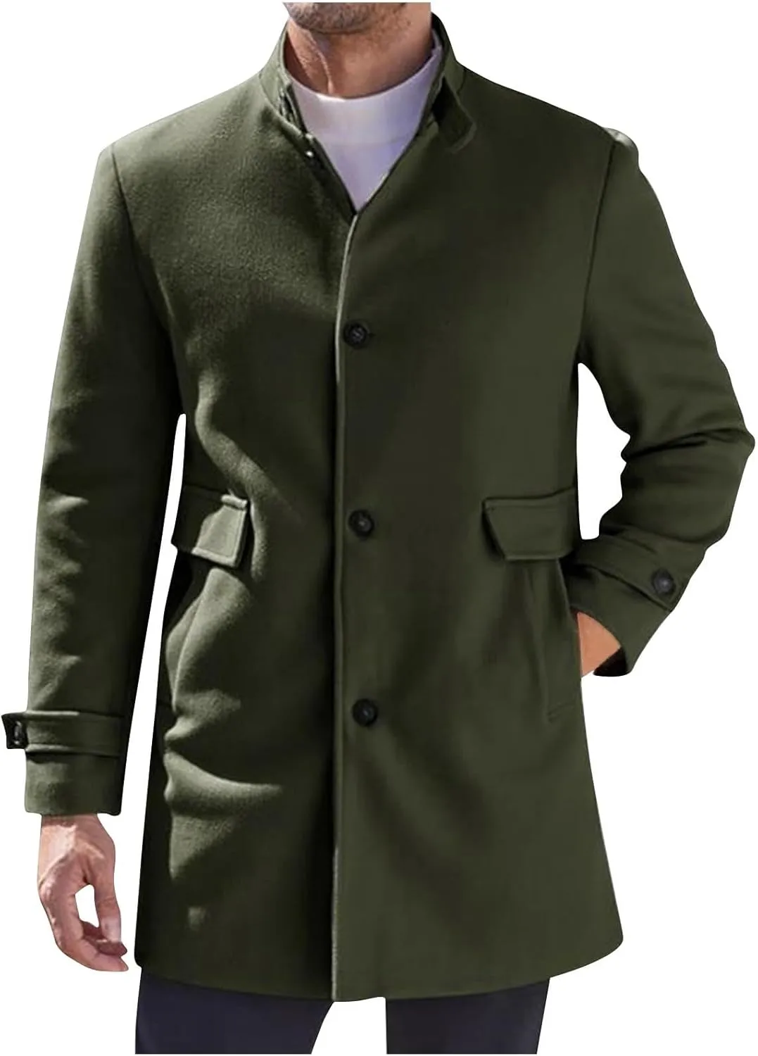 Mens Stand Collar Trench Coat Big and Tall Trench Coat Button Down Woolen Jacket Mid Length Pea Coat with Pockets