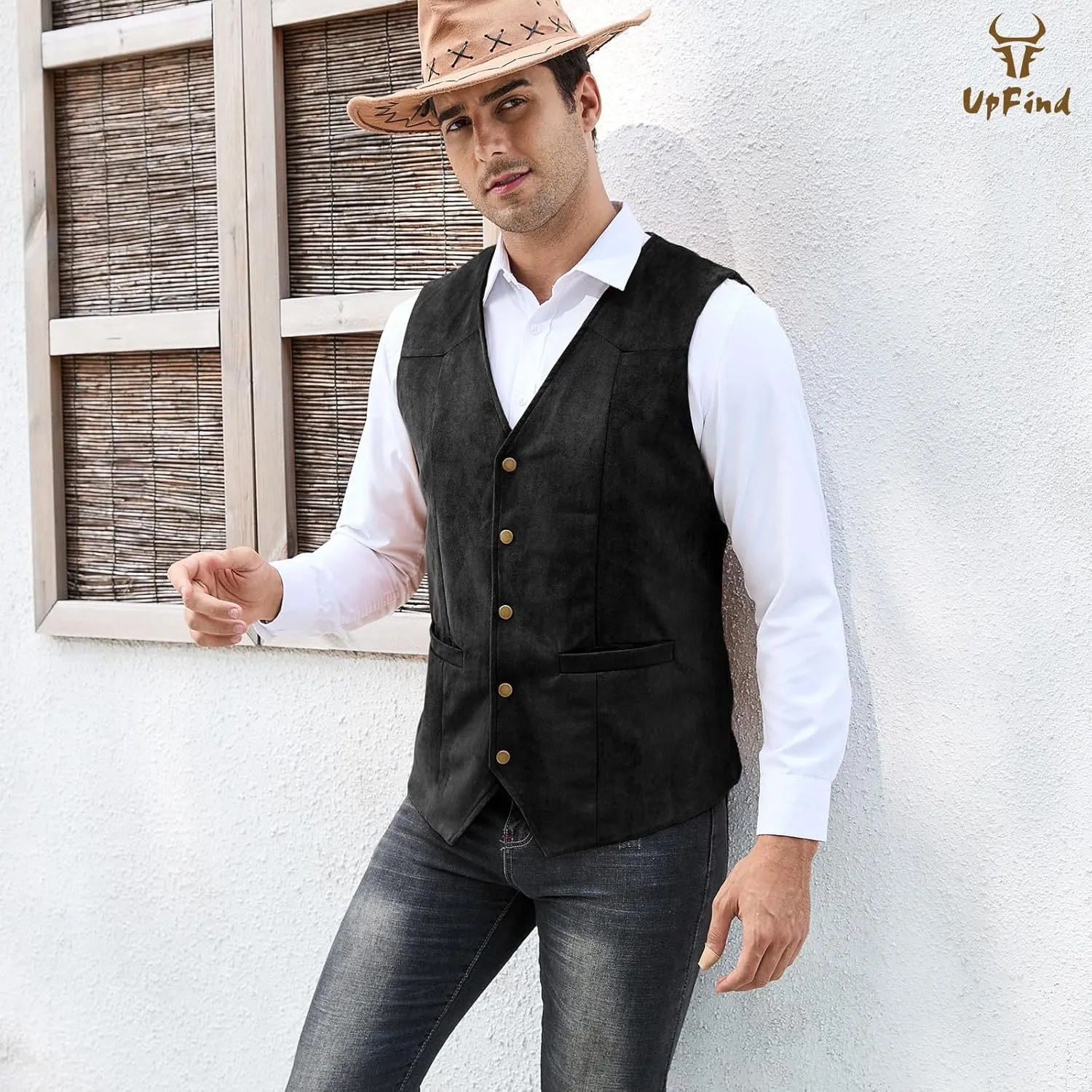 Men's Suede Leather Suit Vest V Neck Cowboy Vest Vintage 5 Snaps Western Vests Casual Waistcoat for Wedding Prom