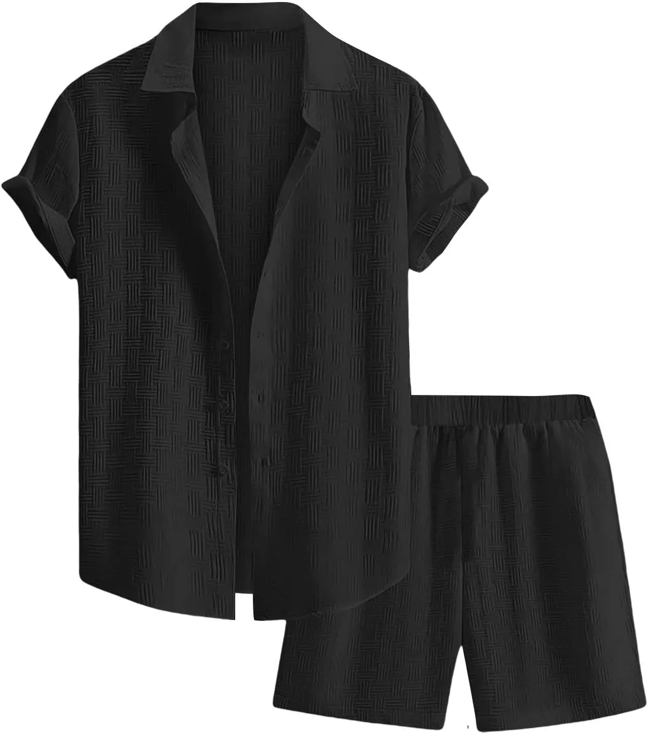 Men's Summer 2 Piece Outfit Set Short Sleeve Button Down Shirt Drawstring Shorts Lightweight Breathable Outfit Set