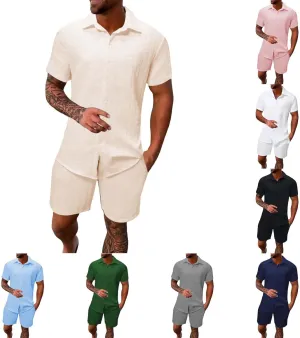 Men's Summer 2 Piece Outfit Set Short Sleeve Button Down Shirt Drawstring Shorts Lightweight Breathable Outfit Set