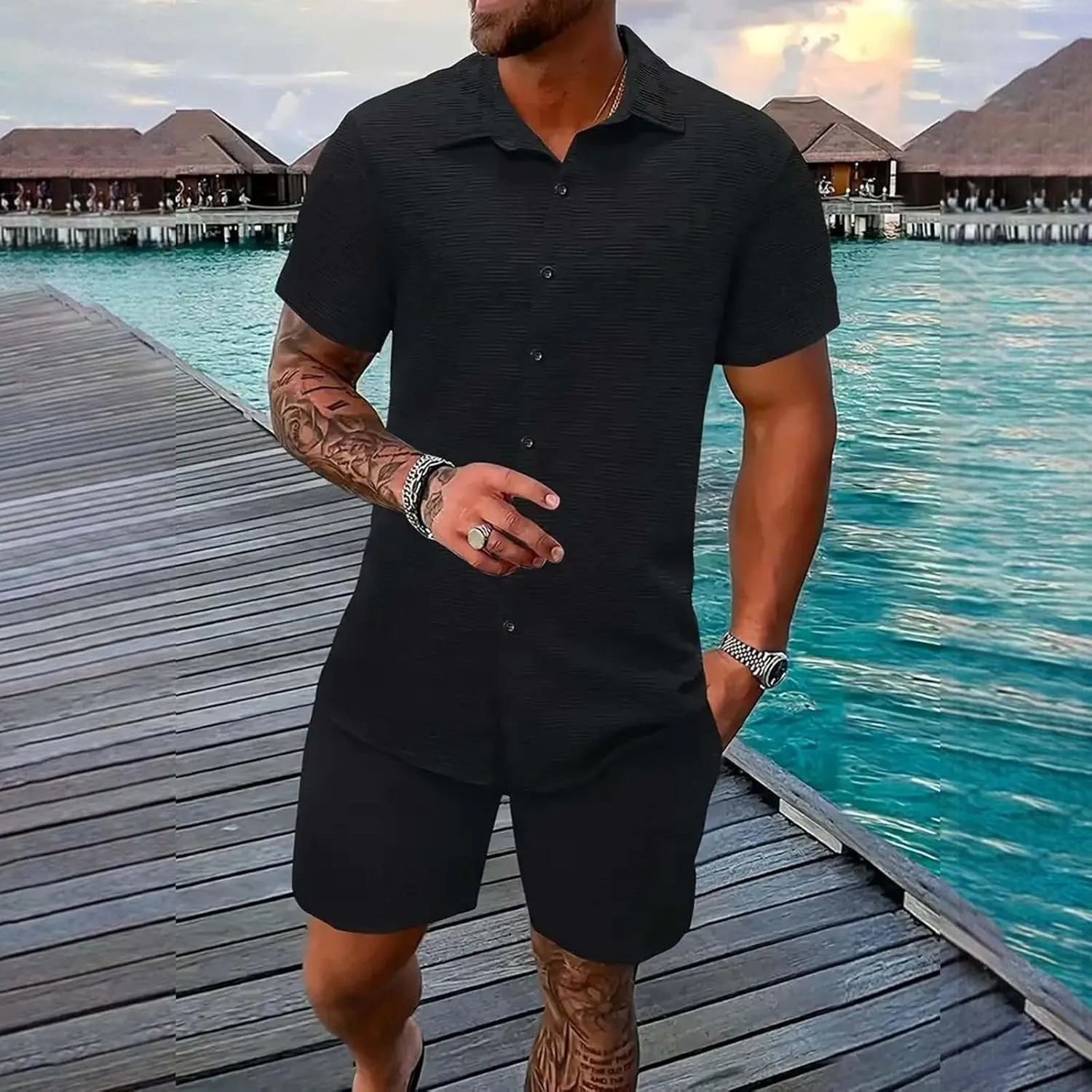 Men's Summer 2 Piece Outfit Set Short Sleeve Button Down Shirt Drawstring Shorts Lightweight Breathable Outfit Set