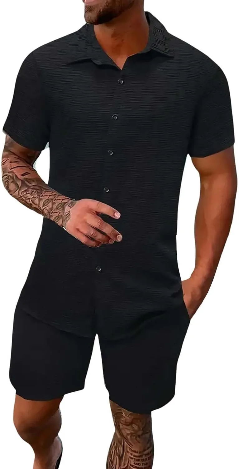 Men's Summer 2 Piece Outfit Set Short Sleeve Button Down Shirt Drawstring Shorts Lightweight Breathable Outfit Set