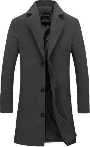 Men's Trench & Pea Coat - Big & Tall Size, Wool Material, Single Breasted, Lapel, Open Front Cardigan Jacket