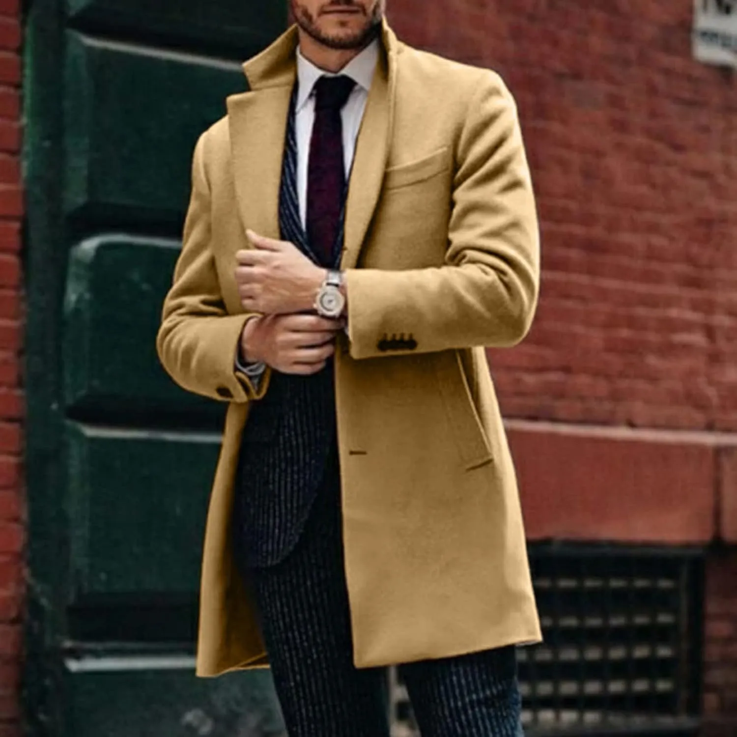Men's Trench Coat 2024 Trendy Notch Lapel Wool Blend Warm Overcoat Casual Single Breasted Long Jackets