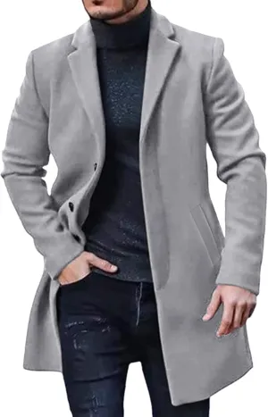 Men's Trench Coat 2024 Trendy Notch Lapel Wool Blend Warm Overcoat Casual Single Breasted Long Jackets
