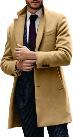 Men's Trench Coat 2024 Trendy Notch Lapel Wool Blend Warm Overcoat Casual Single Breasted Long Jackets